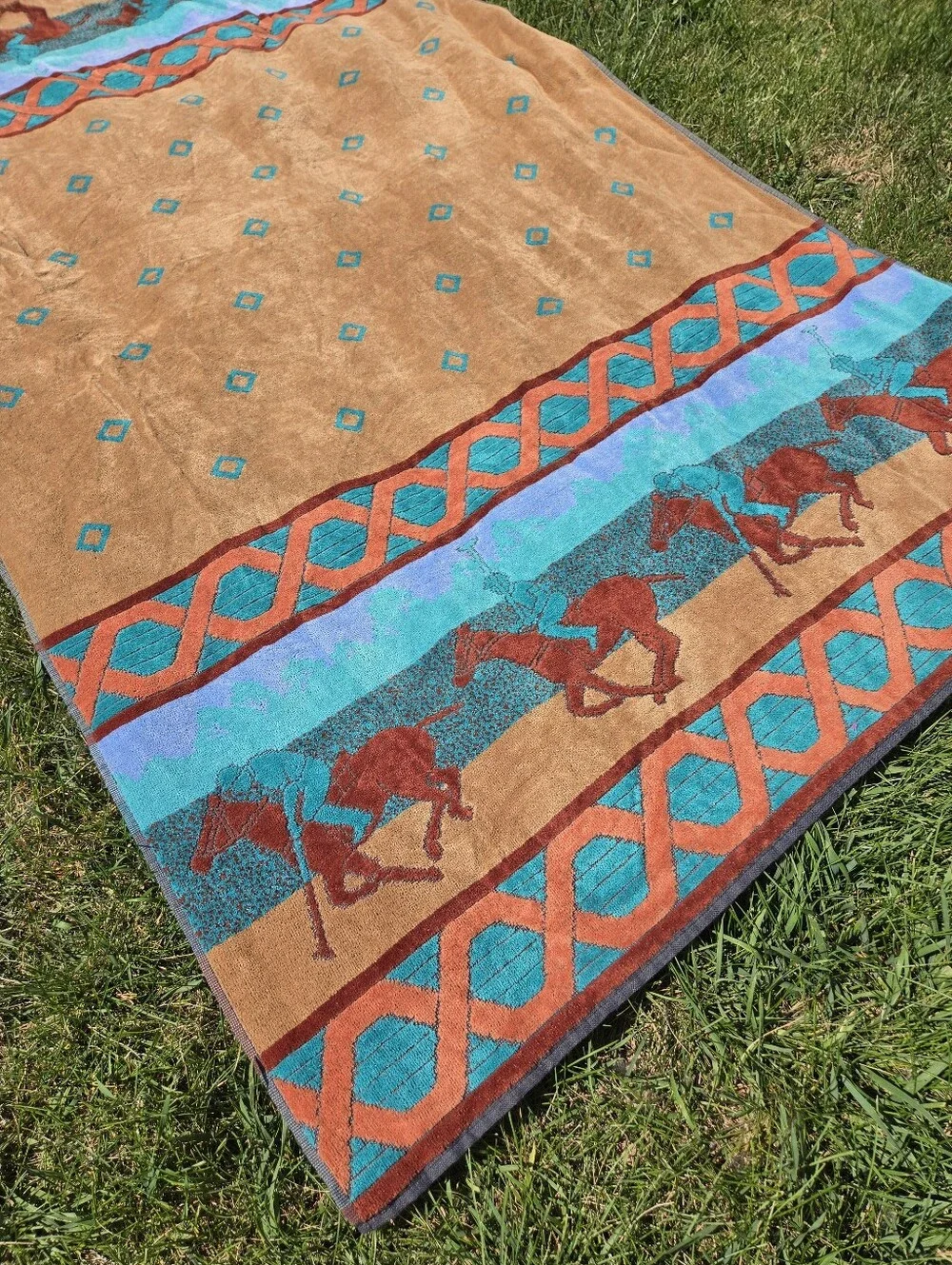 VTG Royal Terry Beach Towel Polo Players Equestrian Horse Scene Camel Teal